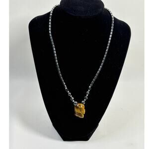 Vintage Hematite Beaded Necklace Tiger's Eye Stone Elephant Pendant 18in